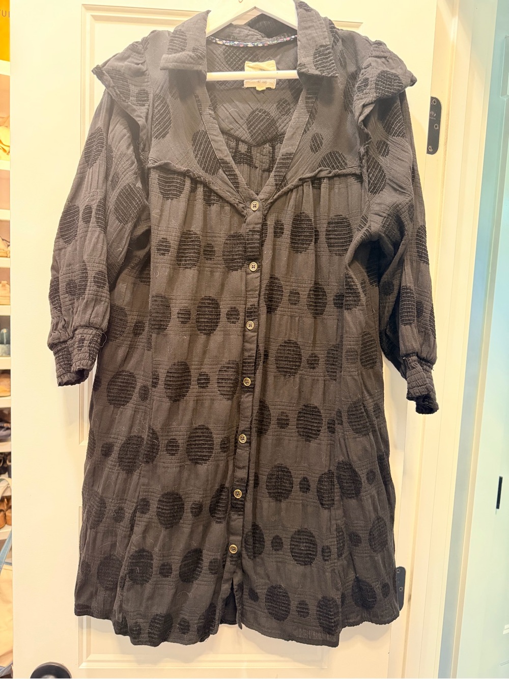 Umgee Black Textured Polka Dot Midi Shirt Dress
